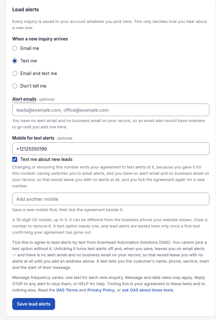The same account page after saving: Text me selected, a mobile number entered, and the consent checkbox ticked.