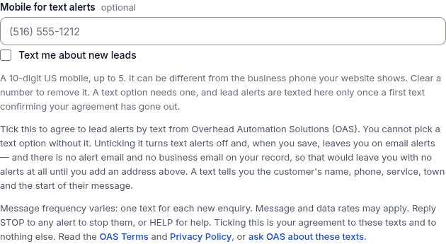 The lead-alert text consent checkbox, unticked, with its disclosure: the sender's name, message frequency, that message and data rates may apply, STOP and HELP, and links to the Terms and the Privacy Policy.